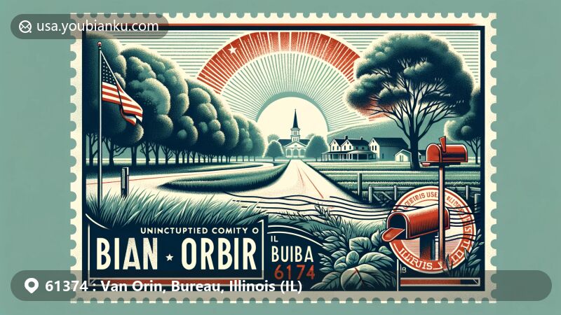 Modern illustration of Van Orin, Bureau County, Illinois, portraying rural charm with Illinois state flag, Bureau County silhouette, and tranquil green landscapes, incorporating postal heritage elements like vintage postage stamp, ZIP code 61374, old-fashioned postmark, and classic red mailbox.