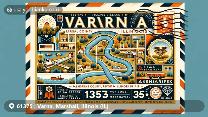 Modern illustration of Varna, Marshall County, Illinois, showcasing postal theme with ZIP code 61375, featuring local landmarks and symbols of Illinois River, celebrating connection to Peoria Metropolitan Statistical Area.
