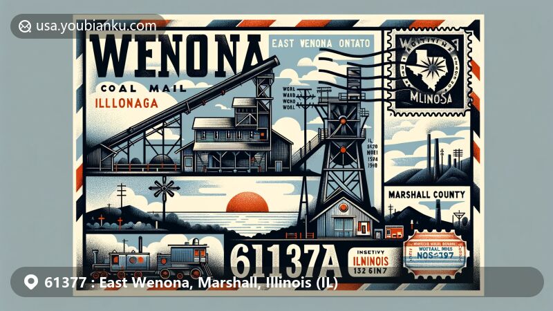 Modern illustration of East Wenona and Wenona, Illinois, showcasing postal theme with ZIP code 61377, featuring a vintage air mail envelope with Wenona Coal Mine Historical Site, Illinois, and Marshall County identifiers.