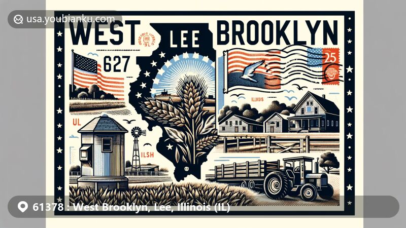 Modern illustration of West Brooklyn, Lee County, Illinois, blending rural charm and postal elements, featuring state symbols and agricultural scenes, with vintage postcard design and ZIP code 61378.