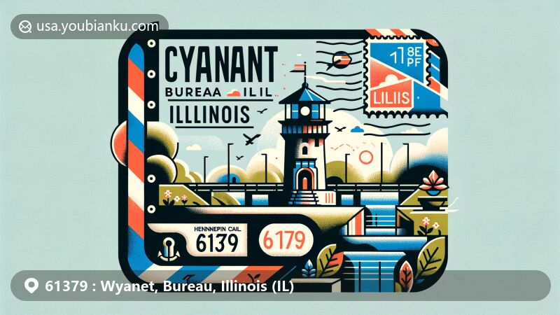 Modern illustration of Wyanet, Bureau, Illinois, showcasing postal theme with ZIP code 61379, featuring Hennepin Canal Lock 19 and Hennepin Canal Parkway, incorporating elements representing Illinois state symbols.
