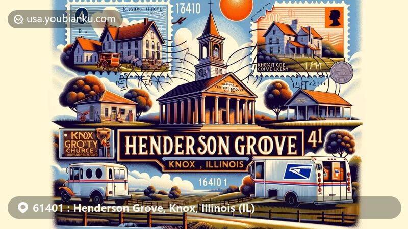 Modern illustration of Henderson Grove, Knox, Illinois, depicting postal theme with ZIP code 61401, featuring Knox College's Old Main, Knox County Jail, Central Congregational Church's meetinghouse, and Walnut Grove Farm.