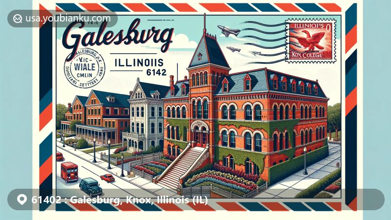 Modern illustration of Galesburg, Knox County, Illinois, showcasing 19th-century architecture of the Galesburg Historic District and Knox College, featuring red brick college building with ivy and downtown street with state flag elements.
