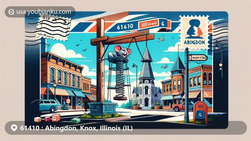 Modern illustration of Abingdon, Illinois, in Knox County, featuring iconic Big Totem Pole and historical spring-loaded mousetrap, with postal theme including stamps, postmark with ZIP Code 61410, mailbox, and mail truck.