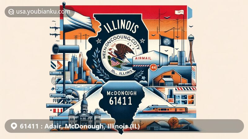 Modern illustration of Adair, McDonough, Illinois area with postal theme, featuring airmail envelope, postal stamps, and ZIP code 61411, integrating state flag and natural landscapes.