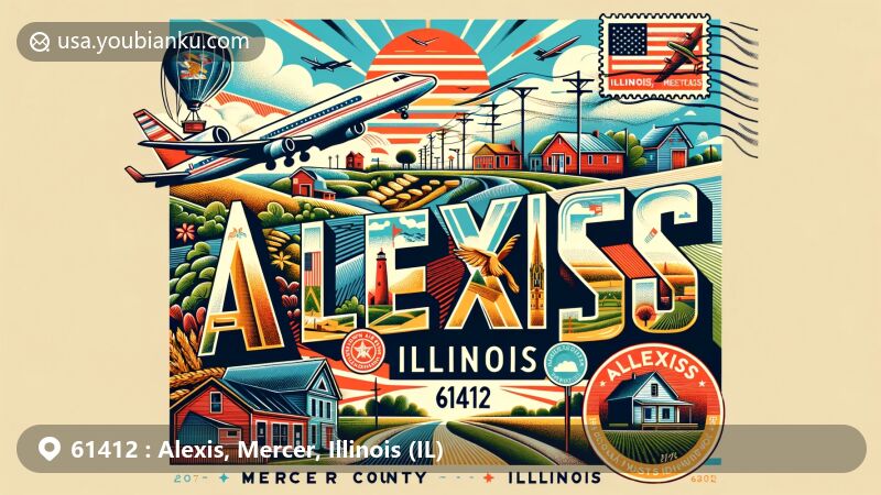 Modern illustration of Alexis area, Mercer County, Illinois, highlighting rural landscape, landmarks, and cultural symbols with postal theme and ZIP code 61412.