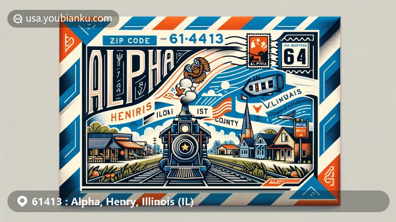 Modern illustration of Alpha village, Henry County, Illinois, featuring postal theme with ZIP code 61413, showcasing Illinois state flag, Henry County outline, and historical railroad town elements.