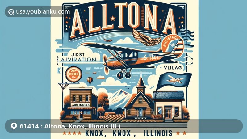 Modern illustration of Altona, Knox, Illinois, featuring aviation-themed envelope with ZIP code 61414, vintage stamp, and postmark, showcasing Amber Jar Antiques store, rural scenery, four seasons, and Illinois state flag.