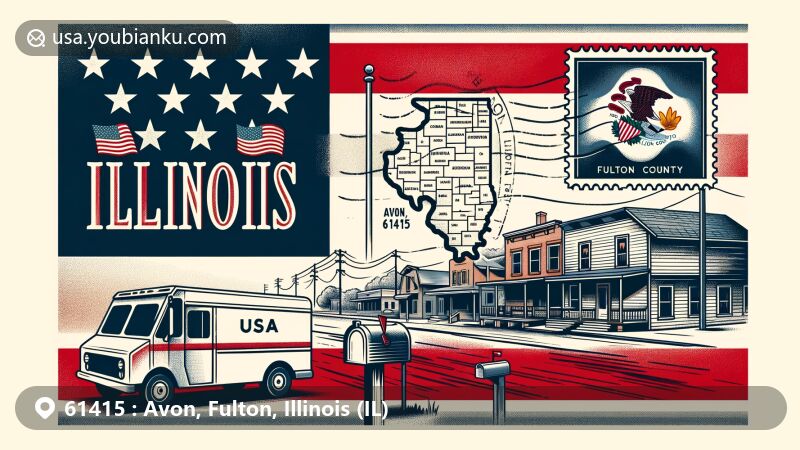 Modern illustration of Avon, Fulton County, Illinois, with ZIP code 61415, featuring flag of Illinois and small town elements like street, mailbox, and postal van.