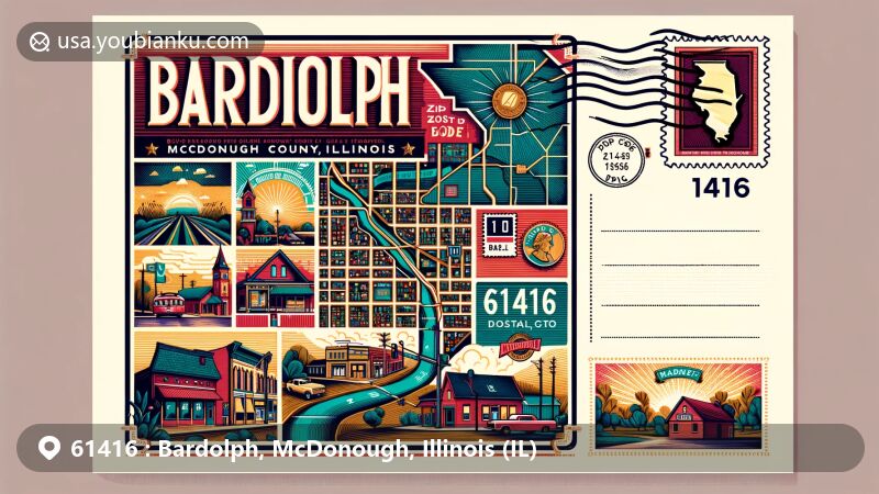 Modern illustration of Bardolph, Illinois, featuring postal theme with ZIP code 61416, showcasing McDonough County map with Bardolph marked, small-town charm elements, and creative postal details.