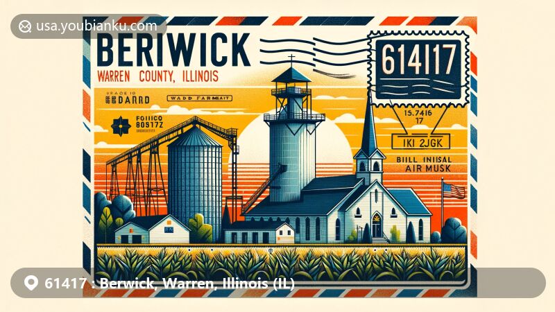 Modern illustration of Berwick, Warren County, Illinois, capturing the essence of ZIP code 61417 area with rural ambiance, featuring grain elevator, Baptist Church, and Illinois state flag.