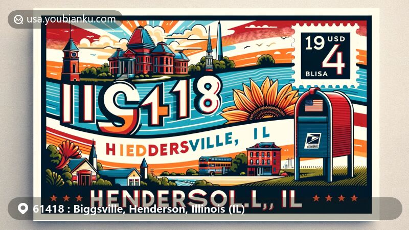 Modern illustration of Biggsville, Henderson, IL, in postcard style with ZIP code 61418, blending elements of Illinois state flag, featuring local charm and postal heritage.