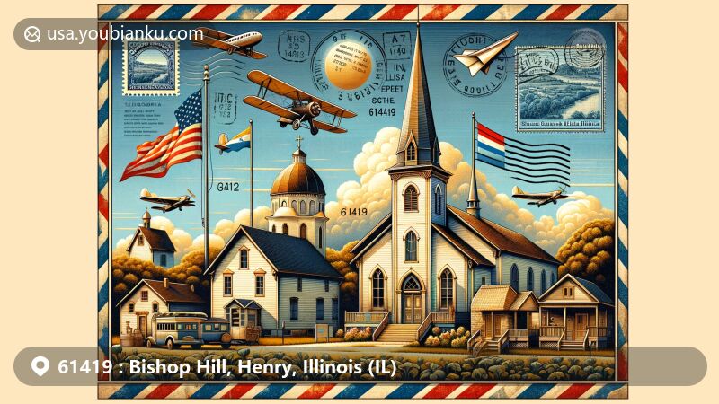 Modern illustration of Bishop Hill, Illinois, highlighting Colony Church and Swedish heritage, designed as a vintage postcard with Illinois state flag elements and airmail details.