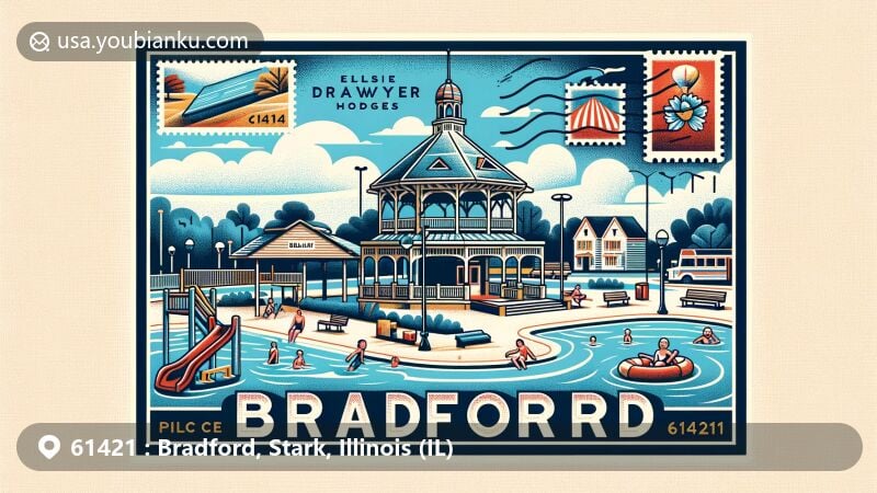 Modern illustration of Bradford, Illinois, celebrating community spirit and outdoor attractions, featuring public swimming pool, Elsie Drawyer Hodges Park with gazebo and playground, and Bradford Public Library.