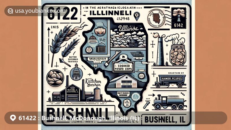 Modern illustration of Bushnell, McDonough County, Illinois, showcasing postal theme with ZIP code 61422, featuring Vaughan & Bushnell hammer factory, Kitchen Cooked Potato Chips, and Illinois state symbols.