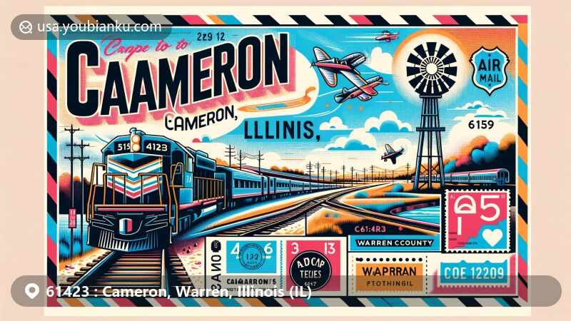 Modern illustration of Cameron, Warren County, Illinois, in postcard or airmail envelope style, capturing local landmarks and Illinois cultural symbols, with postal theme and ZIP code 61423, showcasing railroad junction and state flag.