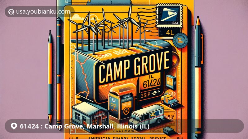 Modern illustration of Camp Grove, Illinois, showcasing postal theme with ZIP code 61424, featuring Camp Grove Wind Farm's wind turbines, American postal service symbols, and vibrant background.