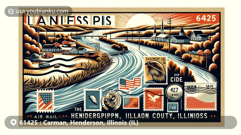 Modern illustration of Carman, Henderson County, Illinois, featuring postal theme with ZIP code 61425, showcasing the impact of the Mississippi River on the region's geography.