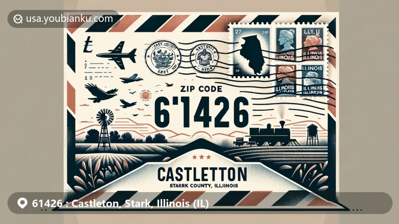 Creative illustration of Castleton, Stark County, Illinois, depicting a decorated airmail envelope with ZIP Code 61426, featuring stamps and postmarks, along with the outline of Stark County and the Illinois state flag. Background hints at rural ambiance. Stamps showcase iconic symbols of Illinois.