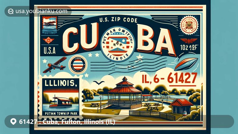 Modern illustration of Cuba, Illinois, ZIP code 61427, integrating local elements like Putman Township Park with picnic pavilions, playground, and lake, embodying community's recreational spirit and IL state identity.