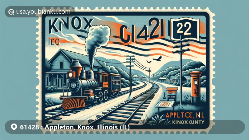 Modern illustration of Appleton, Knox County, Illinois, fusing ghost town heritage with a postal theme, showcasing abandoned streets, BNSF Railway, Court Creek, and vintage postcard style with Illinois outline, post box, and mail delivery vehicle.
