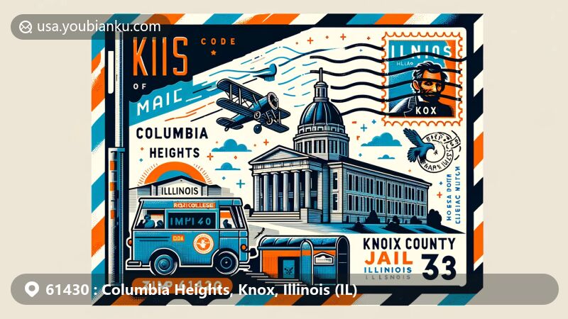 Modern illustration of Columbia Heights, Knox County, Illinois, featuring symbolic landmarks Knox College's Old Main and Knox County Jail, portraying postal theme with ZIP code 61430, incorporating Illinois state flag, and showcasing elements like stamp, mailbox, and mail truck.