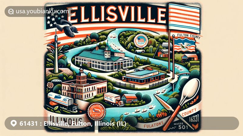 Modern illustration of Ellisville, Fulton County, Illinois, highlighting rural beauty and postal theme with ZIP code 61431, featuring Illinois state flag and Spoon River.