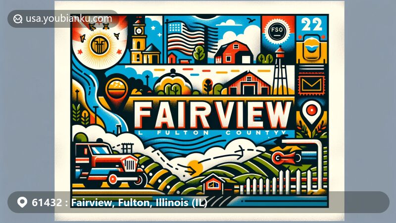 Modern illustration of Fairview, Fulton County, Illinois, showcasing postal theme with ZIP code 61432, featuring Illinois state flag, Fulton County outline, and rural landscapes.
