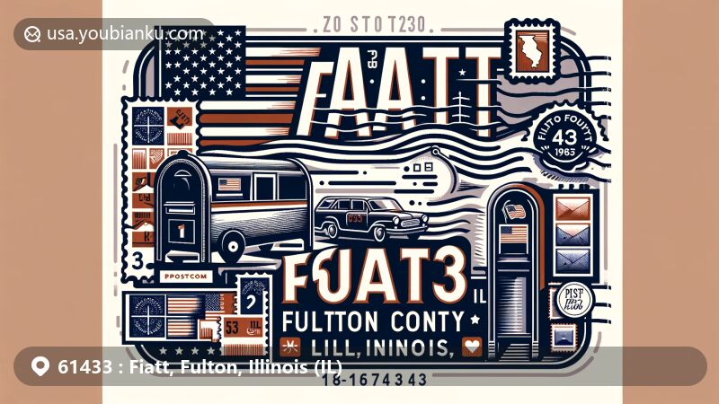 Modern illustration of Fiatt, Fulton County, Illinois, representing postal heritage with ZIP code 61433 and featuring the silhouette of Fulton County, the flag of Illinois, and postal elements.