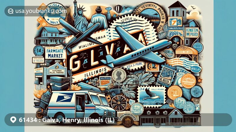 Modern illustration of Galva, Henry County, Illinois, featuring ZIP code 61434, showcasing local landmarks like Farmgate Market, Wiley Park, and municipal parks, and integrating geographical features and climate conditions.