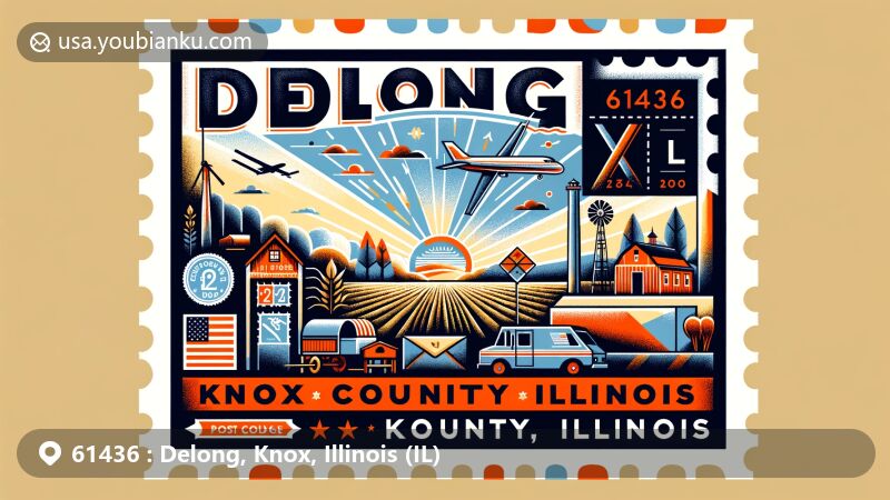 Modern illustration of Delong, Knox County, Illinois, featuring postal theme with ZIP code 61436, incorporating local geographical and cultural elements, mimicking a wide-format postcard or airmail envelope with stamps, postmark '61436', and imagery of a mailbox or postal vehicle, symbolizing the essence of rural life and heritage in central Illinois, may include fields, farms, or typical Midwestern flora.