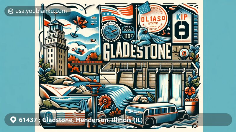 Modern illustration of the picturesque Gladstone, Henderson County, Illinois, representing postal elements with ZIP code 61437, featuring Lock and Dam No. 18 and Oquawka State Wildlife Refuge.