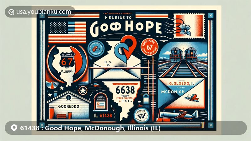 Modern illustration of Good Hope, Illinois, featuring a creative postcard design with Illinois state flag and McDonough County map, highlighting U.S. Route 67 and Toledo, Peoria & Western Railroad.