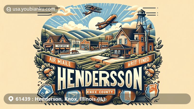 Modern illustration of Henderson, Knox County, Illinois, with postal theme featuring ZIP code 61439, highlighting village charm and community spirit, vintage air mail elements, and Illinois state flag.