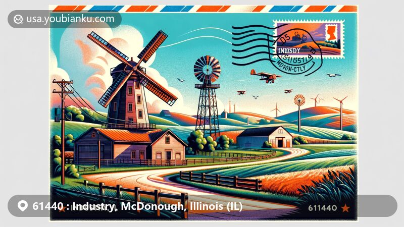 Modern illustration of Swearingen Windmill in Industry, McDonough County, Illinois, with postal theme showcasing ZIP code 61440, airmail envelope, stamp, and postmark.