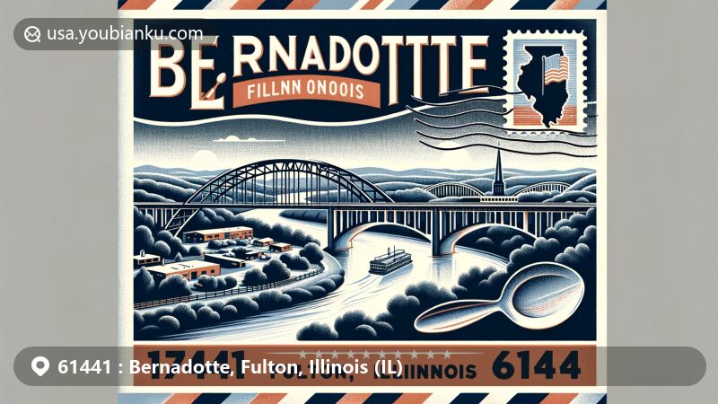 Modern illustration of Bernadotte, Fulton County, Illinois, featuring ZIP code 61441, highlighting Spoon River Bridge and scenic Spoon River Valley, incorporating Illinois state flag stamp and Bernadotte Park view.