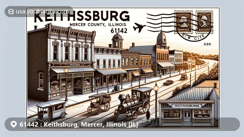 Modern illustration of Keithsburg, Mercer County, Illinois, with a postal theme for ZIP code 61442, showcasing Mississippi River, Mark Twain National Wildlife Refuge, and historic district charm.