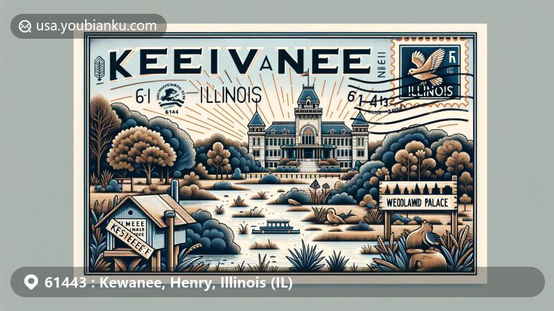 Modern illustration of Woodland Palace in Kewanee, Illinois, surrounded by natural landscapes, showcasing area's beauty and historical richness, featuring Illinois state symbols and vintage postcard elements.