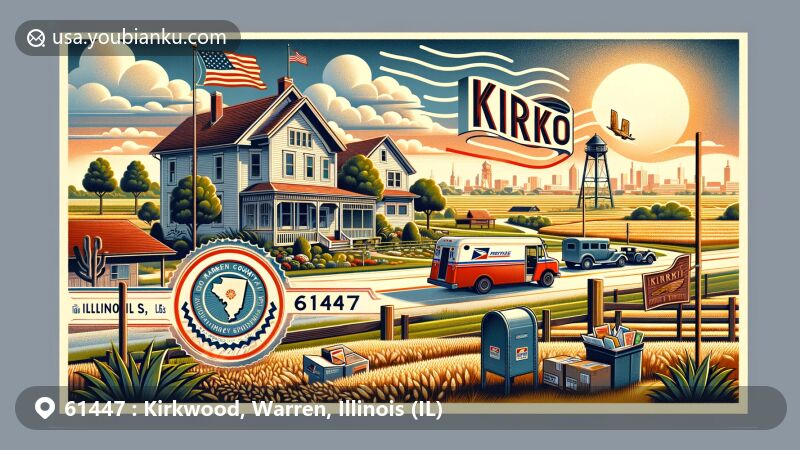 Enchanting illustration of Kirkwood, Illinois, capturing its rural charm and postal importance, featuring a creative postcard design with 'Kirkwood' and ZIP code 61447, accompanied by a stamp symbolizing Warren County or a town emblem, set against the Illinois state flag backdrop, with a vintage mail truck and classic American mailbox accentuating the postal motifs.