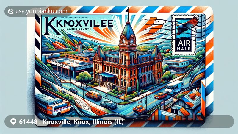 Modern illustration of Knoxville, Illinois, featuring city hall, Ball log cabin, and Illinois state flag in air mail envelope design with ZIP code 61448 and American postal symbols.