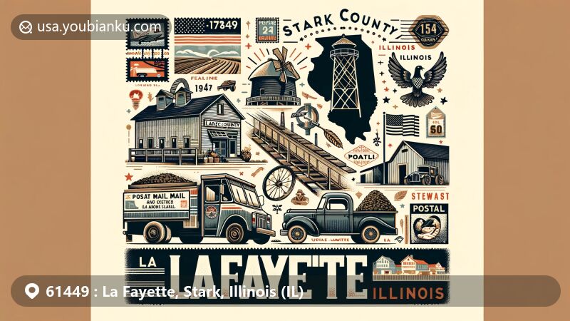 Modern illustration of La Fayette village in Stark County, Illinois, with postal theme showcasing ZIP code 61449, highlighting coal mining and agricultural heritage, and depicting the decline post early 1980s.