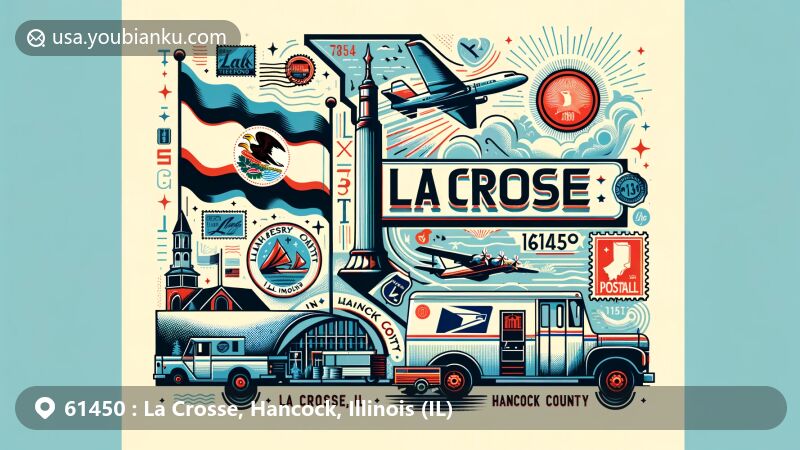 Modern illustration of La Crosse, Hancock County, Illinois, showcasing postal theme with ZIP code 61450, featuring state flag, county outline, and postal elements.