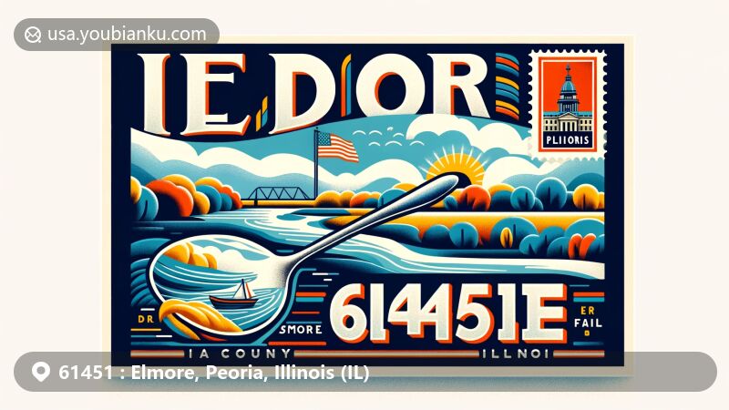 Modern illustration of Elmore area in Peoria County, Illinois, featuring ZIP Code 61451 against the backdrop of Spoon River, with Illinois state flag and postcard format.
