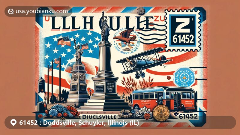 Vibrant illustration of Doddsville, Schuyler County, Illinois with postal theme and regional symbols, including War Memorial, Illinois flag, and Schuyler County map outline.