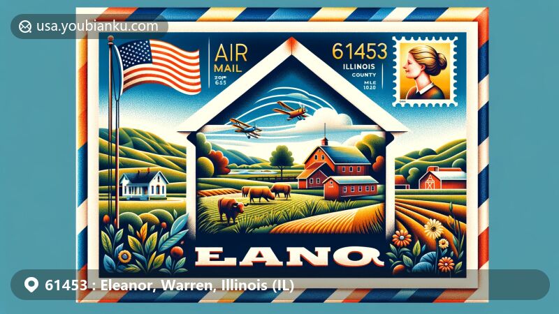 Modern illustration of Eleanor, Warren County, Illinois, featuring postal theme with ZIP code 61453, incorporating an air mail envelope frame, Illinois state flag, rural landscape, and local flora.