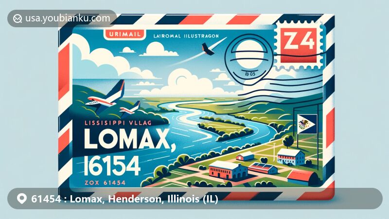 Modern illustration of Lomax, Henderson, Illinois, featuring airmail theme with ZIP code 61454, showcasing Mississippi River backdrop and Illinois state symbol.