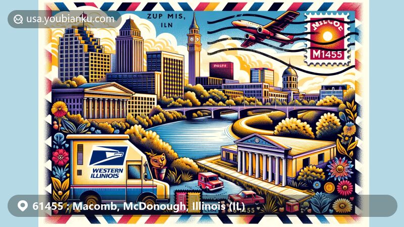Modern illustration of Macomb, Illinois, featuring a postcard theme with ZIP code 61455, showcasing Western Illinois University, local flora, and historical elements.