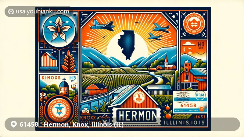 Modern illustration of Hermon, Knox County, Illinois, highlighting postal theme with ZIP code 61458, combining Knox County outline, Illinois symbols, and natural/agricultural features.