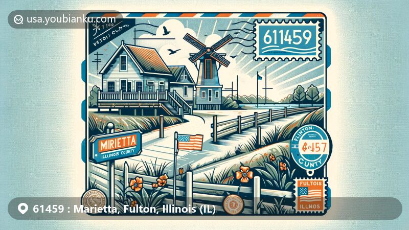 Modern illustration of Marietta, Fulton County, Illinois, with postal theme including ZIP code 61459 and Dutch heritage elements, showcasing state symbols like the Illinois flag.