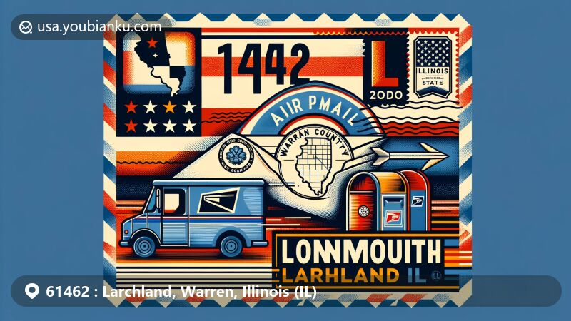 Modern illustration of Larchland, Warren County, Illinois, celebrating ZIP code 61462, with airmail envelope featuring town name and stamp design, Illinois state flag colors, American mailbox and postal van, and vibrant artistic style.